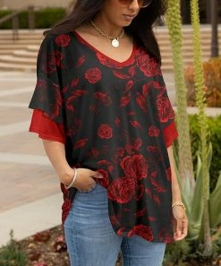 Lily | Red & Black Rose Ruffle-Sleeve V-Neck Tunic - Women