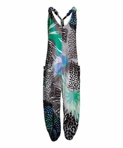 Lily | Gray & Green Animal Patchwork Pocket Racerback Jumpsuit - Women