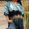 Lily | Blue & Gold Abstract Tiered-Sleeve V-Neck Tunic - Plus