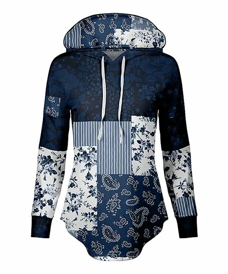 Lily | Blue & White Floral Paisley Patchwork Curved-Hem Hoodie - Plus 1 Lily | Blue & White Floral Paisley Patchwork Curved-Hem Hoodie - Plus