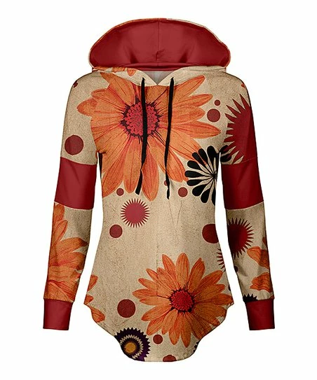 Lily | Orange & Red Floral Curved-Hem Hoodie - Women 1 Lily | Orange & Red Floral Curved-Hem Hoodie - Women