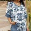 Lily | White & Blue Damask V-Neck Layered-Sleeve Tunic - Plus