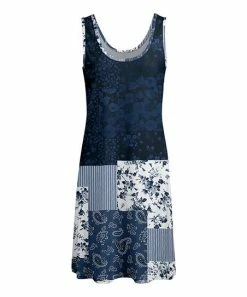 Lily | Blue & Black Floral Paisley Patchwork Scoop Neck Sleeveless Dress - Plus