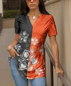 Lily | Black & Orange Floral Block V-Neck Short-Sleeve Tunic - Women