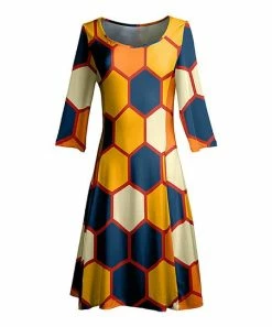 Lily | Gold & Navy Honeycomb Three-Quarter Sleeve A-Line Dress - Women