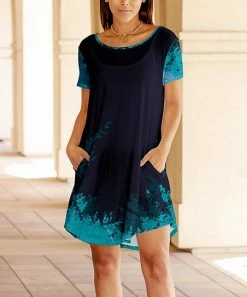 Lily | Black & Teal Abstract Pocket A-Line Dress - Plus