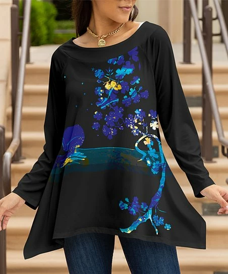 Lily | Black & Blue Floral Handkerchief Tunic - Women 1 Lily | Black & Blue Floral Handkerchief Tunic - Women