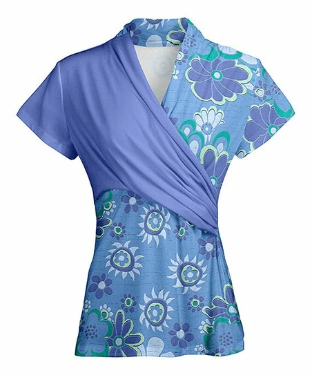 Lily | Blue & Lavender Floral-Contrast Surplice Short-Sleeve Tunic - Plus 1 Lily | Blue & Lavender Floral-Contrast Surplice Short-Sleeve Tunic - Plus