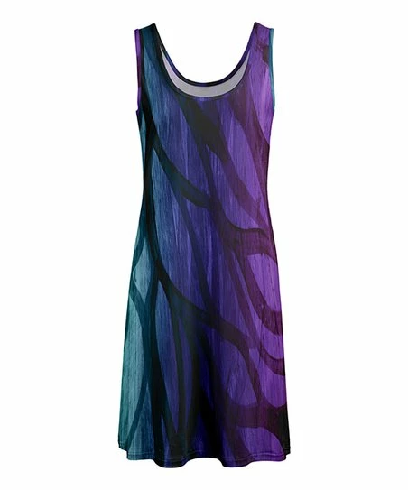 Lily | Purple & Turquoise Abstract Leaf Scoop Neck Sleeveless Dress - Women 1 Lily | Purple & Turquoise Abstract Leaf Scoop Neck Sleeveless Dress - Women
