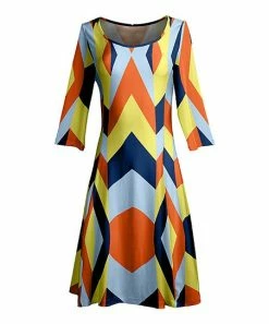 Lily | Navy & Orange Geometric Three-Quarter Sleeve A-Line Dress - Women