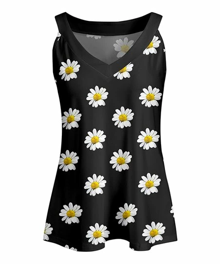 Lily | Black & White Floral Contrast-Trim V-Neck Tank - Women 1 Lily | Black & White Floral Contrast-Trim V-Neck Tank - Women