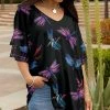 Lily | Black & Purple Dragonflies Ruffle-Sleeve V-Neck Tunic - Women