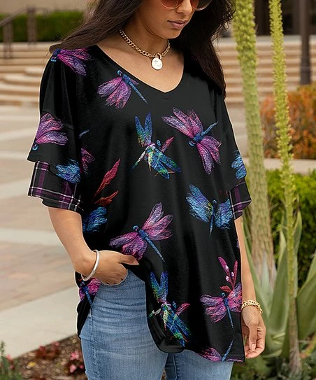 Lily | Black & Purple Dragonflies Ruffle-Sleeve V-Neck Tunic - Women 1 Lily | Black & Purple Dragonflies Ruffle-Sleeve V-Neck Tunic - Women