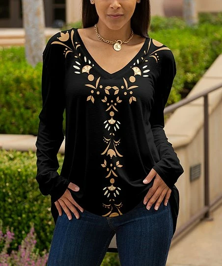 Lily | Black & Beige Floral V-Neck Long-Sleeve Tunic - Women 1 Lily | Black & Beige Floral V-Neck Long-Sleeve Tunic - Women