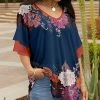 Lily | Navy & Red Floral Ruffle-Sleeve V-Neck Tunic - Plus