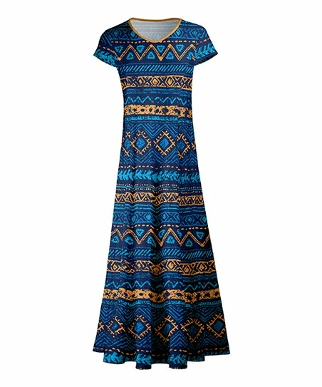 Lily | Blue & Gold Geometric Short-Sleeve Maxi Dress - Women 1 Lily | Blue & Gold Geometric Short-Sleeve Maxi Dress - Women