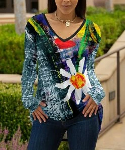 Lily | Teal & Yellow Multicolor Abstract Floral Long-Sleeve V-Neck Tunic - Women