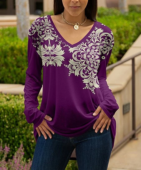 Lily | Purple & Cream Arabesque Long-Sleeve V-Neck Tunic - Women 1 Lily | Purple & Cream Arabesque Long-Sleeve V-Neck Tunic - Women