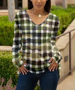 Lily | Black & Olive Plaid Long-Sleeve V-Neck Tunic - Plus