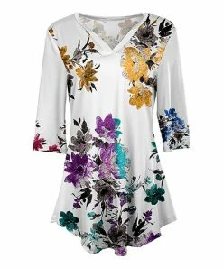 Lily | White Floral V-Neck Tunic - Plus