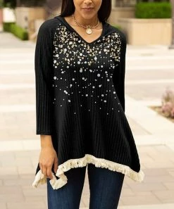 Lily | Black & Beige Ribbed Fringe-Trim Hooded Tunic - Plus