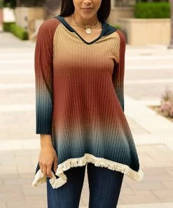 Lily | Rust & Blue Ombré Ribbed Fringe-Trim Hooded Tunic - Plus