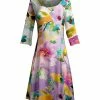 Lily | Purple & Yellow Floral Three-Quarter Sleeve A-Line Dress - Plus