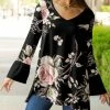 Lily | Black & Rose Floral V-Neck Bell-Sleeve Tunic - Plus