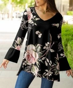Lily | Black & Rose Floral V-Neck Bell-Sleeve Tunic - Plus
