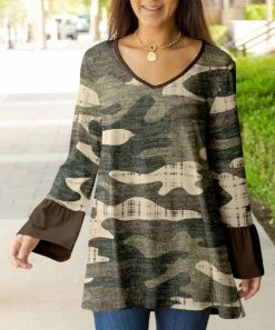 Lily | Olive & Brown Camo V-Neck Bell-Sleeve Tunic - Plus