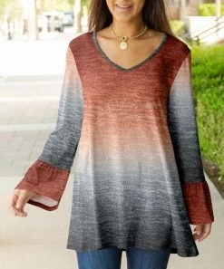 Lily | Rust & Gray Striated Ombré V-Neck Bell-Sleeve Tunic - Women