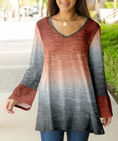 Lily | Rust & Gray Striated Ombré V-Neck Bell-Sleeve Tunic - Women 1 Lily | Rust & Gray Striated Ombré V-Neck Bell-Sleeve Tunic - Women