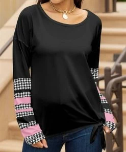 Lily | Black & Pink Houndstooth Stripe Scoop Neck Tie-Hem Tunic - Plus