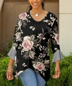 Lily | Black & Rose Floral V-Neck Ruffle Sidetail Tunic - Plus