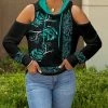 Lily | Black & Turquoise Floral Contrast-Trim Cutout Hoodie - Women