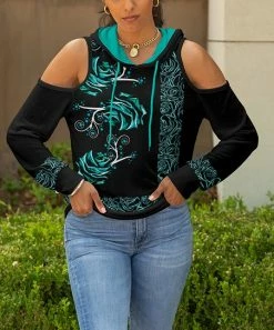 Lily | Black & Turquoise Floral Contrast-Trim Cutout Hoodie - Women