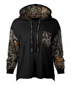 Lily | Black & Beige Mandala-Contrast Chest-Pocket Hoodie - Women