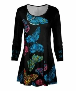 Lily | Black & Blue Butterfly Pleated-Waist Tunic - Women