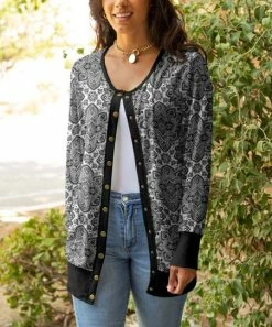 Lily | Black & White Arabesque Snap-Button Cardigan - Plus
