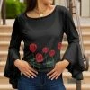 Lily | Black & Red Floral Bell-Sleeve Boatneck Tunic - Plus