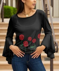 Lily | Black & Red Floral Bell-Sleeve Boatneck Tunic - Plus