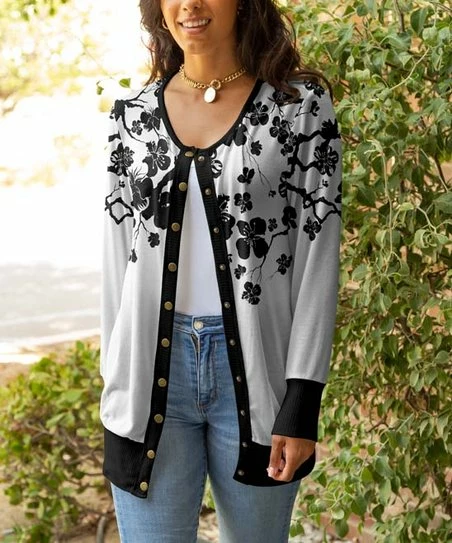 Lily | Black & White Floral Snap-Button Cardigan - Plus 1 Lily | Black & White Floral Snap-Button Cardigan - Plus