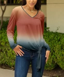 Lily | Rust & Gray Ombré V-Neck Side-Tie Top - Women