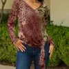 Lily | Red & Brown Abstract Leaf V-Neck Side-Tie Top - Women