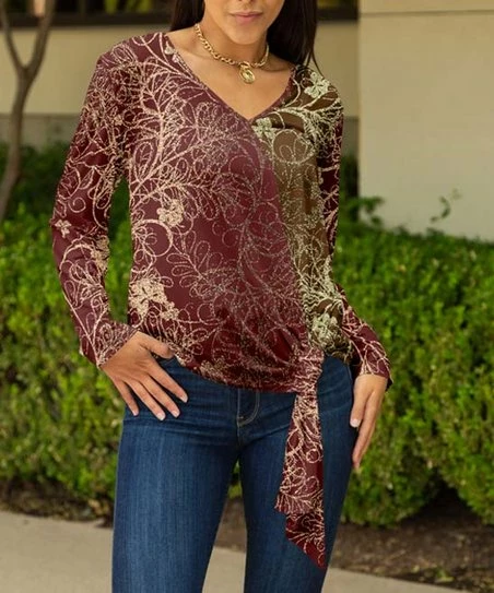 Lily | Red & Brown Abstract Leaf V-Neck Side-Tie Top - Women 1 Lily | Red & Brown Abstract Leaf V-Neck Side-Tie Top - Women