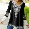 Lily | Black & White Lace Print V-Neck Bell-Sleeve Tunic - Plus
