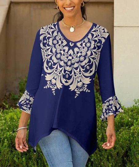 Lily | Navy & Cream Baroque V-Neck Ruffle Sidetail Tunic - Plus 1 Lily | Navy & Cream Baroque V-Neck Ruffle Sidetail Tunic - Plus