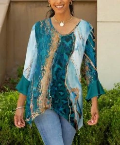 Lily | Teal & Gold Marble V-Neck Ruffle Sidetail Tunic - Plus