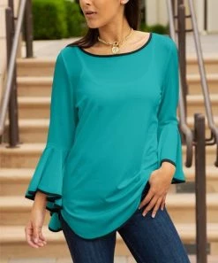 Lily | Turquoise Bell-Sleeve Boatneck Tunic - Women