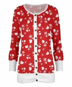 Lily | Red & White Floral Snap-Button Cardigan - Plus